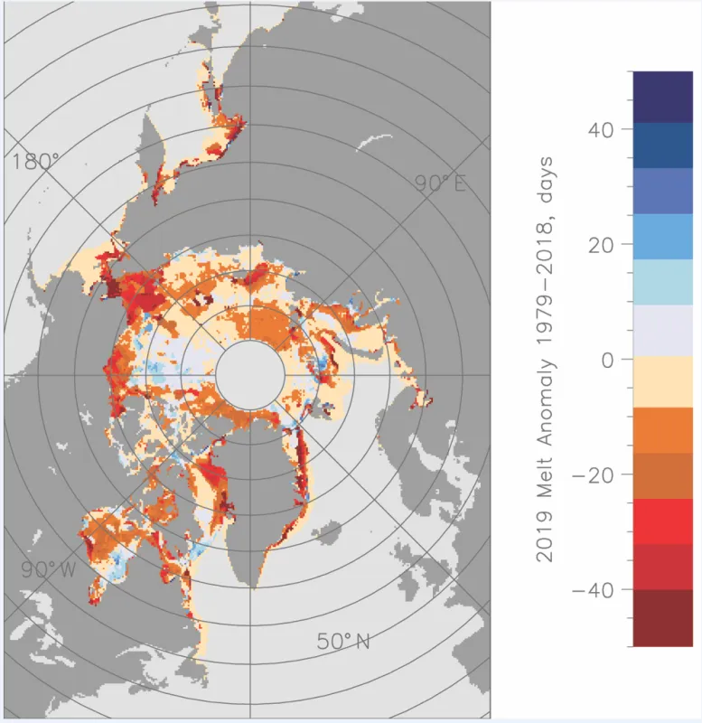 Map shows the 2019 melt onset expressed as differences (in days) with respect to 1981 to 2010 averages.