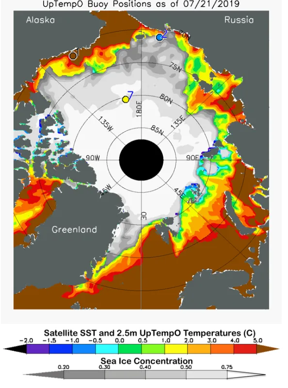 Map of the Arctic Ocean shows sea surface temperature in degrees Celsius for July 31, 2019.