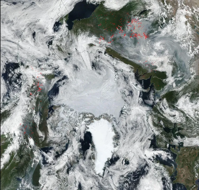 Image from July 24, 2019 from the NASA Moderate Resolution Imaging Spectroradiometer (MODIS) sensor shows the locations of fires (red dots) in the Arctic.