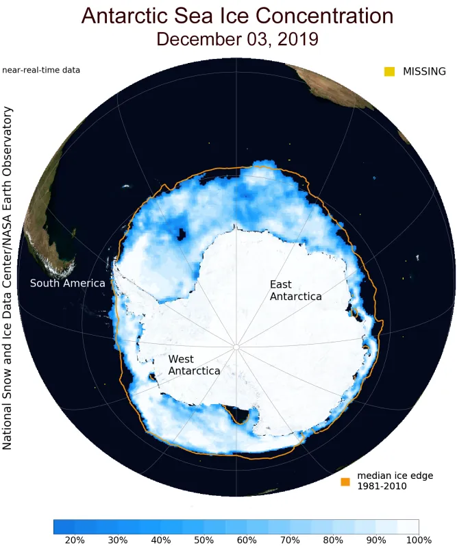 Map shows sea ice concentration surrounding Antarctica on December 3, 2019.