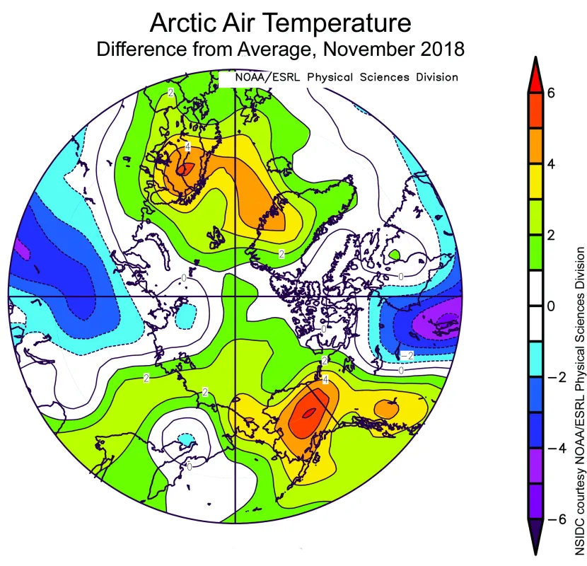 Plot shows the departure from average air temperature in the Arctic at the 925 hPa level, in degrees Celsius, for November 2018.