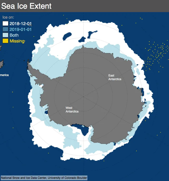 Maps shows the difference between Antarctic sea ice extent on December 1, 2018, and January 1, 2019.