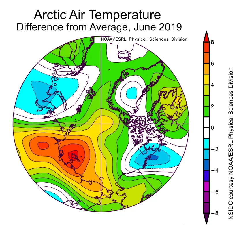 Plot shows the departure from average air temperature in the Arctic at the 925 hPa level, in degrees Celsius, for June 2019.