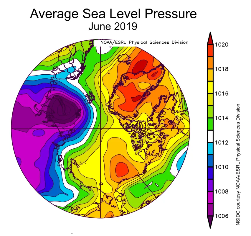 Plot shows average sea level pressure in the Arctic in millibars (hPa) for June 2019.