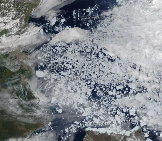 shows a true-color composite image of broken up sea ice in the Beaufort Sea, taken by the Moderate Resolution Imaging Spectroradiometer (MODIS) sensor on the NASA Terra satellite on July 8, 2019.