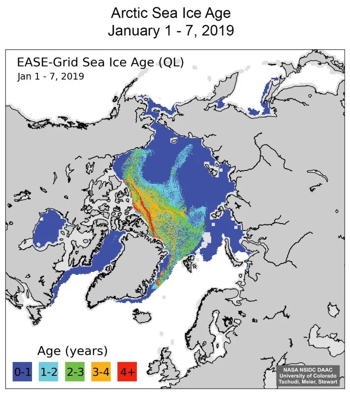 Top map shows sea ice age for January 1 to 7, 2019