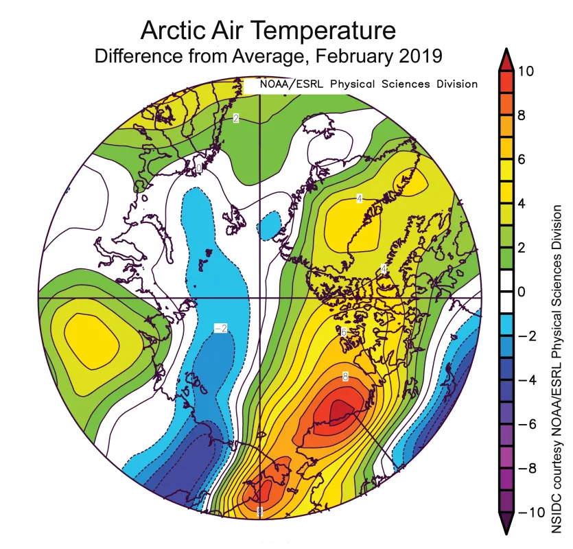 Plot shows the departure from average air temperature in the Arctic at the 925 hPa level, in degrees Celsius, for February 2019.