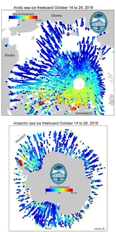 Maps show preliminary sea ice freeboard (height of snow or ice surface above the ocean) from two weeks of ICESat-2 data acquired in October 2018.