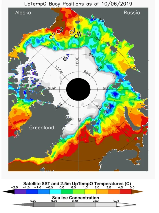 Map shows satellite-derived sea surface temperature (SST) and temperatures at the Upper layer Temperature of the Polar Oceans (UpTempO) buoys, along with sea ice concentration.