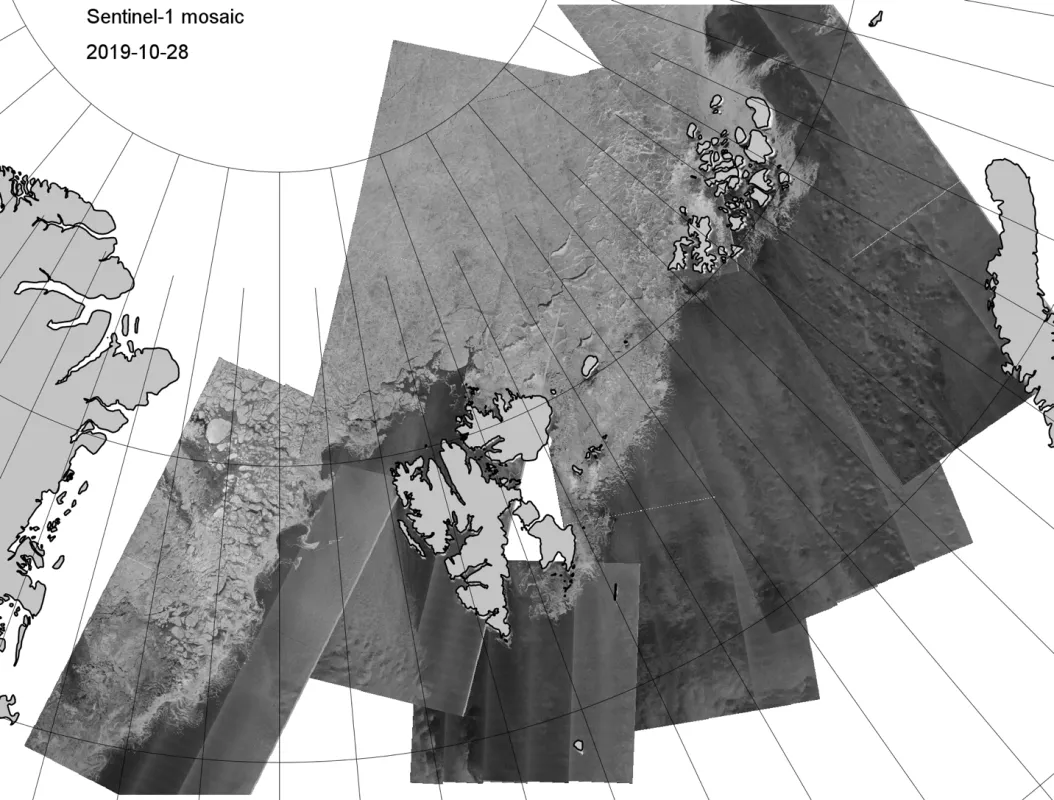 Sea ice extent around Svalbard has returned to the 1981 to 2010 median position for this time of year, as shown by the Synthetic Aperture Radar (SAR) data from the Sentinel-1 mission for October 28, 2019.