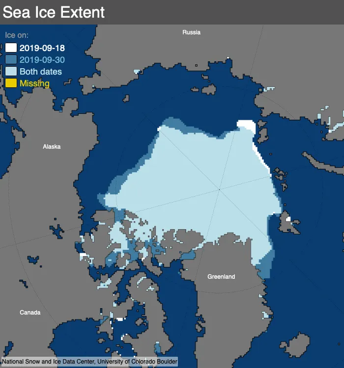 Map compares sea ice extent between September 18 (white) and September 30 (dark blue), showing areas of retreat and expansion.