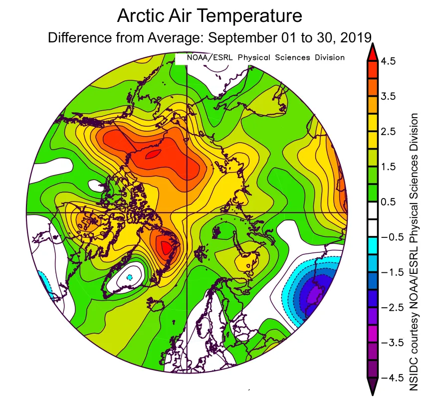 Plot shows the departure from average air temperature in the Arctic at the 925 hPa level, in degrees Celsius, for September 01 to 30, 2019.