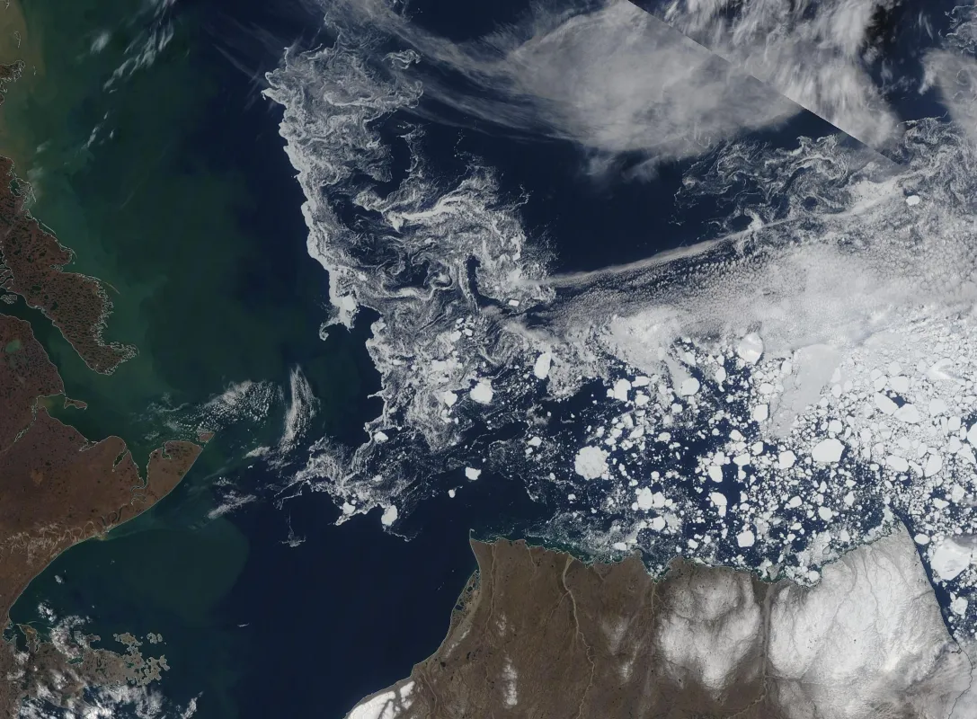 Shows a true-color composite image of a tongue of ice that has persisted in the eastern Beaufort Sea.