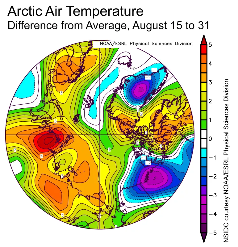 Plot shows the departure from average air temperature in the Arctic at the 925 hPa level, in degrees Celsius, from August 15 to 31, 2019.