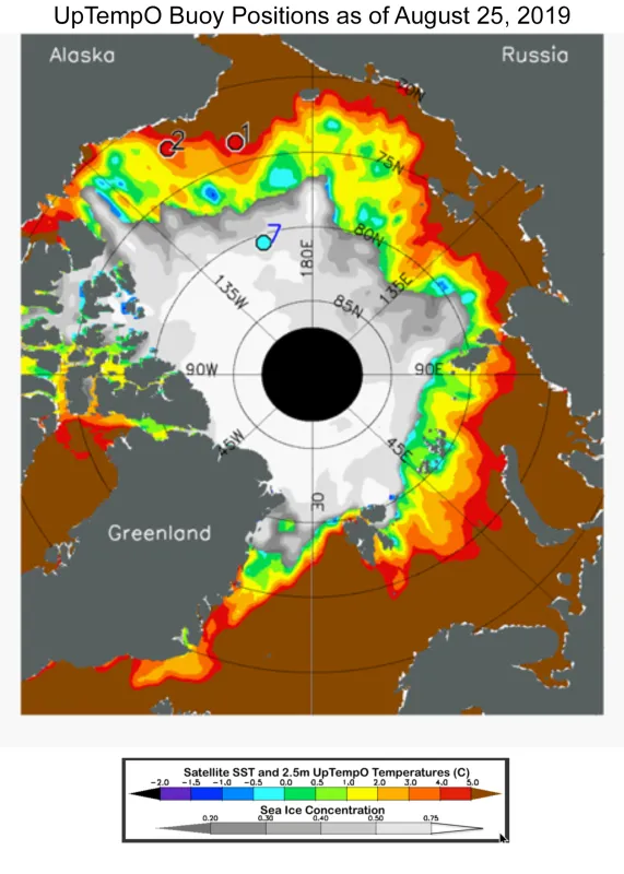 Map shows sea surface temperature and ice concentration for August 25, 2019.