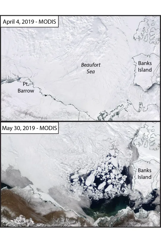 NASA Worldview image taken by the Moderate Resolution Imaging Spectroradiometer (MODIS) sensor on the NASA Terra satellite shows the Beaufort Sea on April 4 and May 30, 2019.