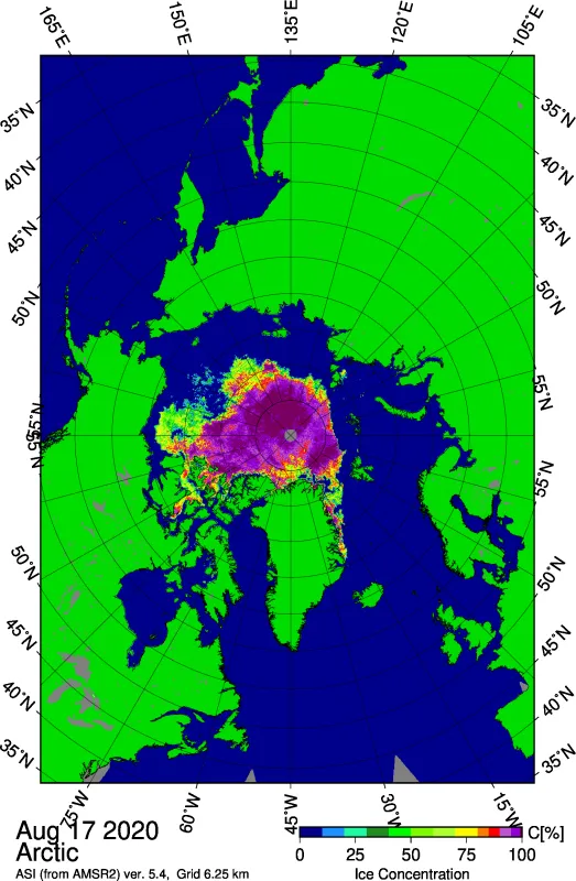 Japan Aerospace Exploration Agency (JAXA) Advanced Microwave Scanning Radiometer 2 (AMSR2) image shows sea ice concentration in the Arctic Ocean on August 17, 2020.