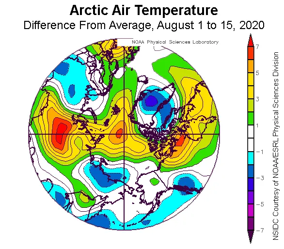 Plot shows the departure from average air temperature in the Arctic at the 925 hPa level, in degrees Celsius, from August 1 to 15, 2020.