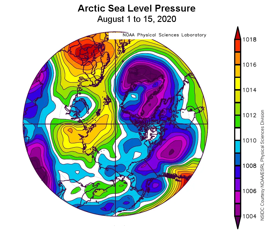 Plot shows average sea level pressure in the Arctic in millibars (hPa) from August 1, 2020 to August 15, 2020.