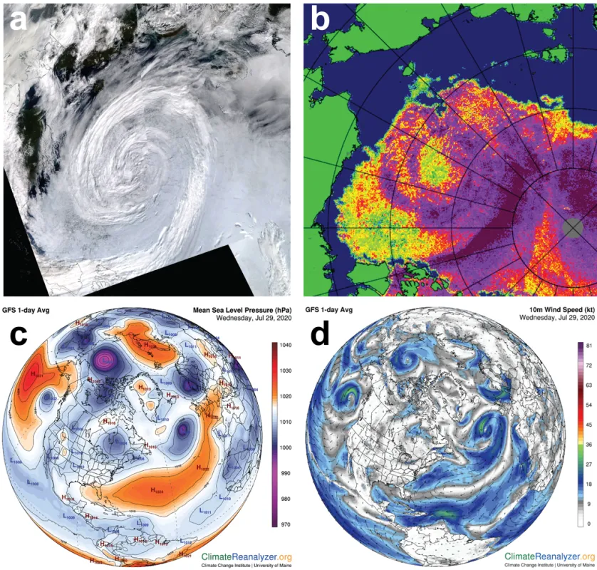 Figure shows four images that depict an Arctic cyclone from July 27 to 30, 2020.