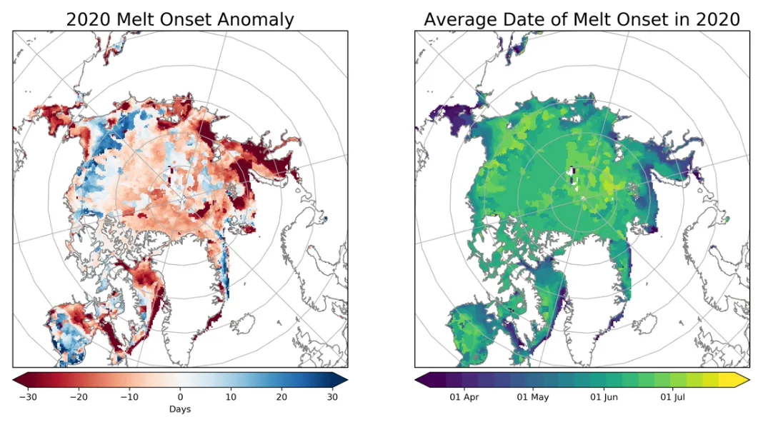 Figure shows the melt onset anomaly (left) and mean melt onset dates (right) for 2020.