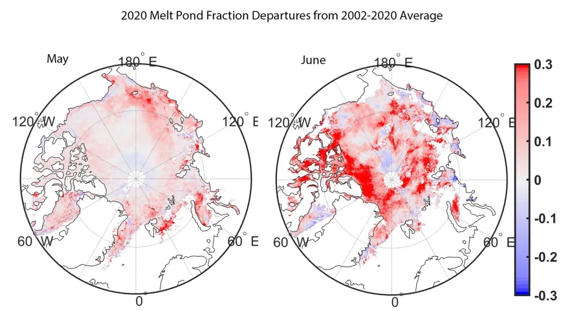 Figure shows melt pond fractional area anomalies for May (left) and June (right).