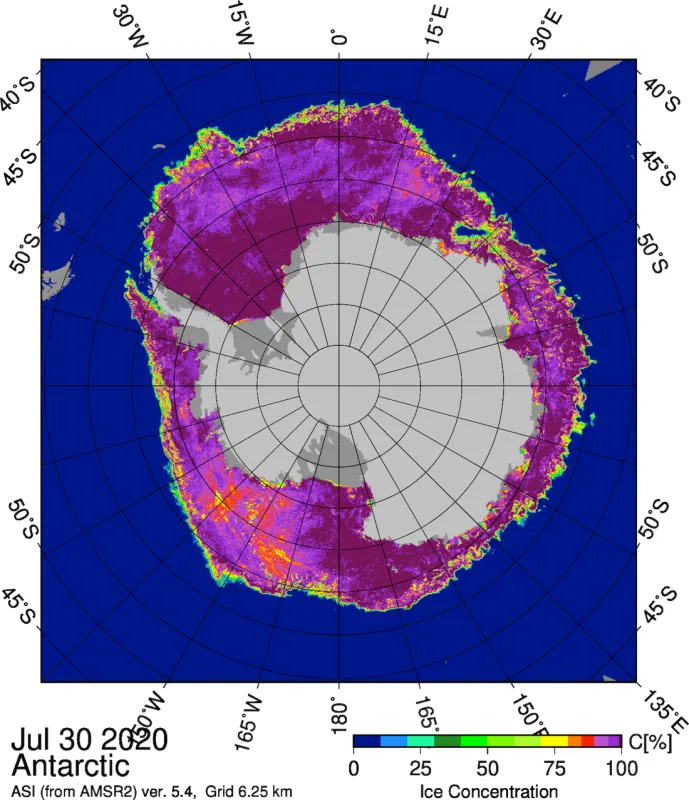 Figure shows the Japanese Aerospace Exploration Agency (JAXA) Advanced Microwave Scanning Radiometer 2 (AMSR2) sea ice concentration for Antarctic sea ice on July 30, 2020. 