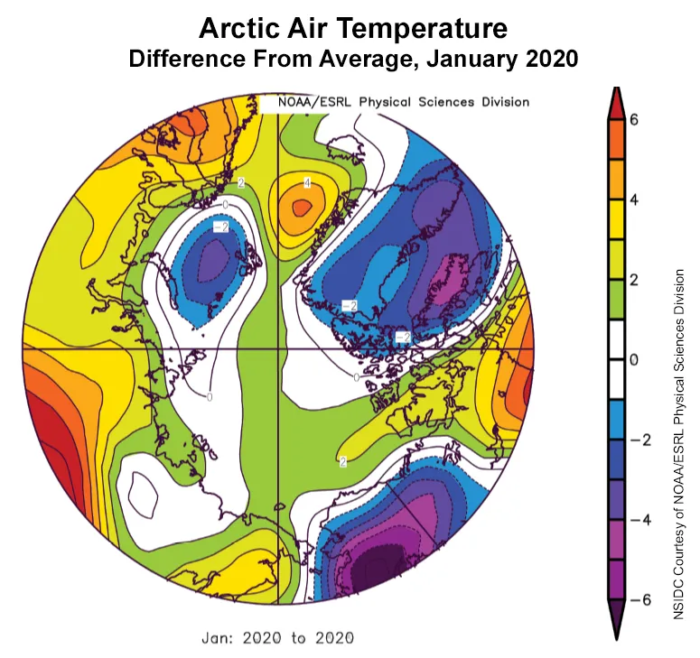 Plot shows the departure from average air temperature in the Arctic at the 925 hPa level, in degrees Celsius, for January 2020.