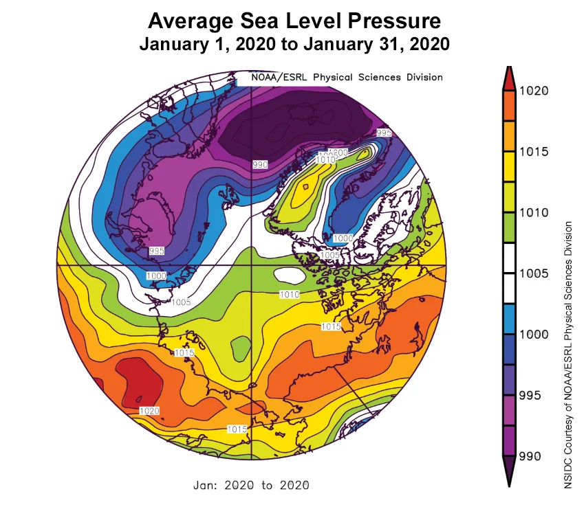 Plot shows average sea level pressure in the Arctic in millibars (hPa) from January 1, 2020 to January 31, 2020.