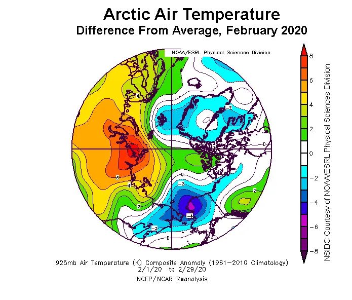  Plot shows the departure from average air temperature in the Arctic at the 925 hPa level, in degrees Celsius, for February 2020. 