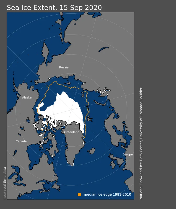 Arctic sea ice extent for September 15, 2020 was 3.74 million square kilometers (1.44 million square miles). 