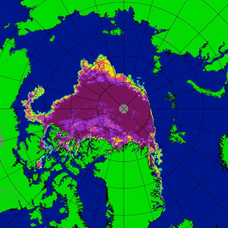 Map shows sea ice concentration for Arctic sea ice on September 12, 2020, using data collected from the Japanese Aerospace Exploration Agency (JAXA) Advanced Microwave Scanning Radiometer 2 (AMSR2).