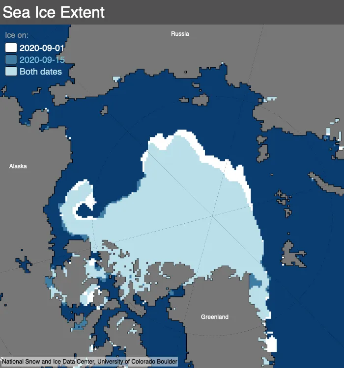 Figure compares Arctic sea ice extent on September 1, 2020 (in white), and September 14, 2020 (in blue), showing recent areas of retreat.