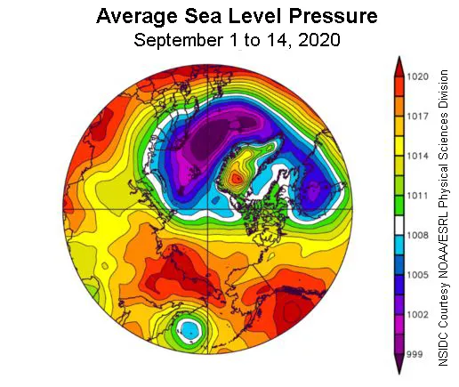 Plot shows average sea level pressure in the Arctic in millibars (hPa) from September 1 to 14, 2020.