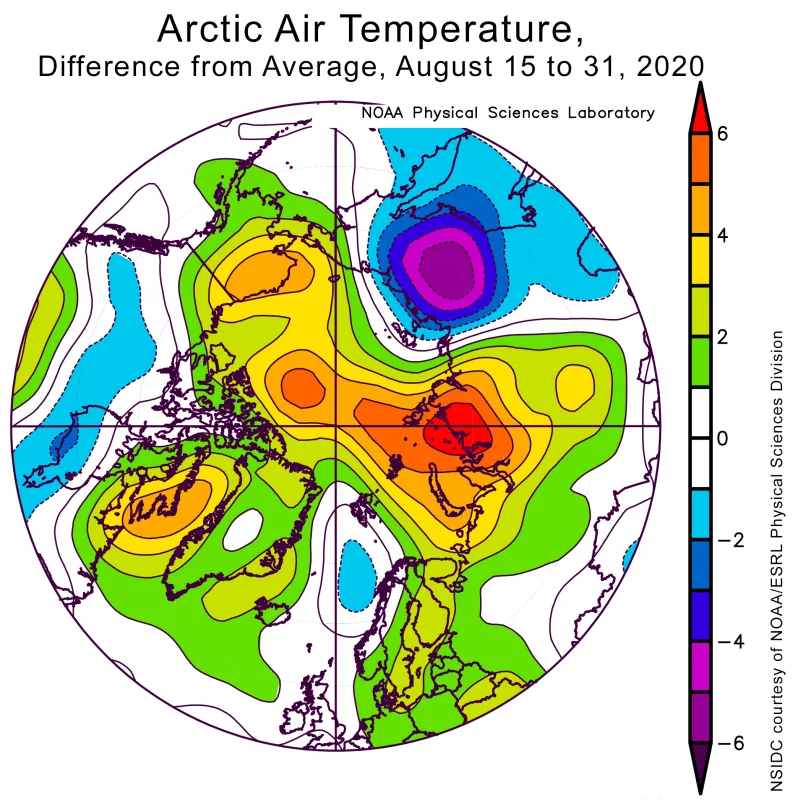 Plot shows the departure from average air temperature in the Arctic at the 925 hPa level, in degrees Celsius, from August 15 to 31, 2020.