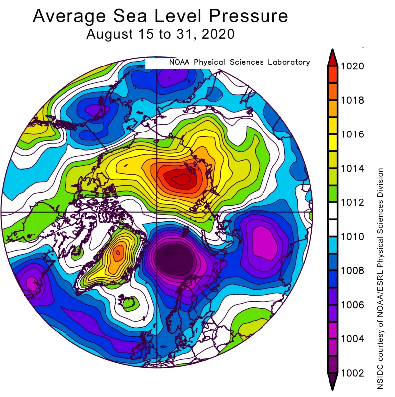 Plot shows average sea level pressure in the Arctic in millibars (hPa) from August 15 to 31, 2020.