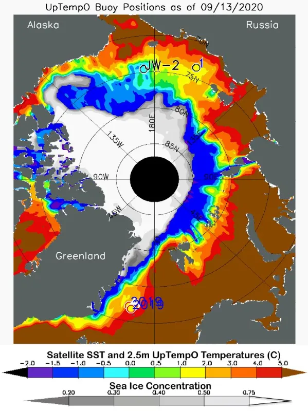 Map shows sea surface temperature (SST) in degrees Celsius and ice concentration for September 13, 2020.