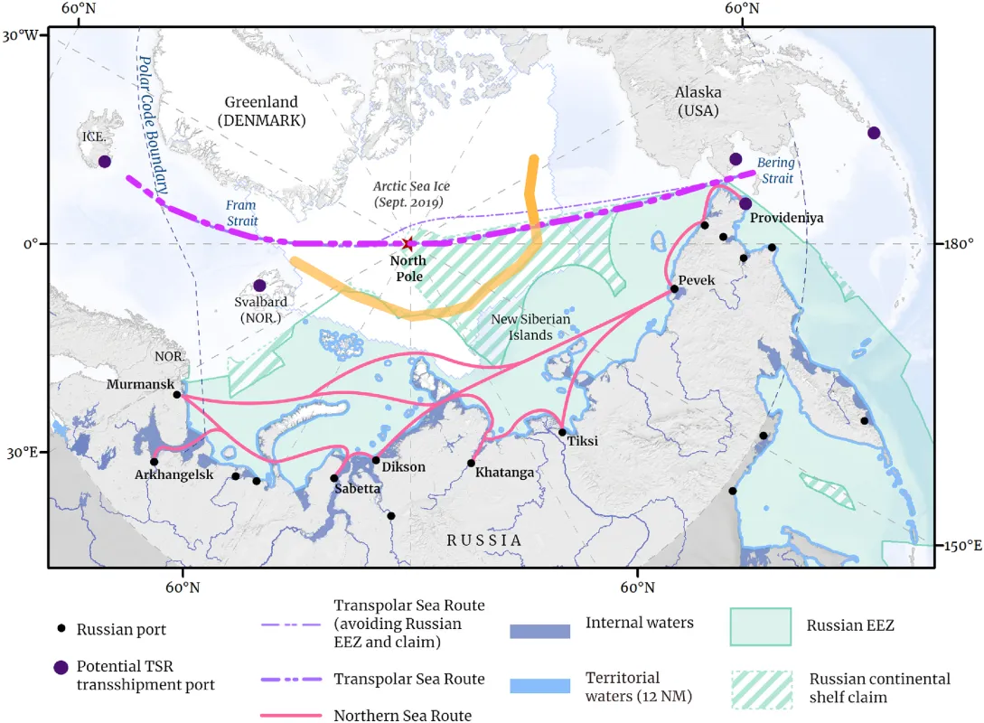 Map shows the potential transpolar shipping route discussed in Bennett et al., 2020.