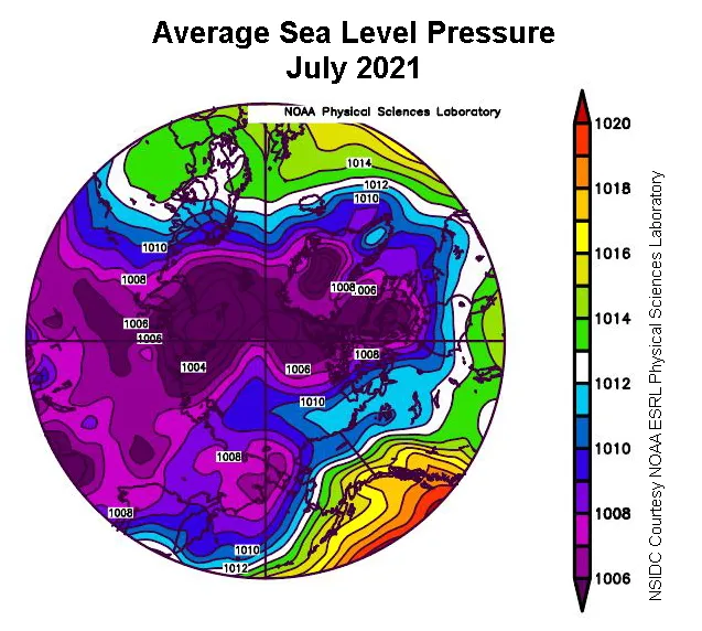 Plot shows average sea level pressure in the Arctic in millibars from July 1 to 31, 2021.