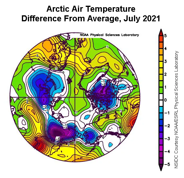 Plot shows the departure from average air temperature in the Arctic at the 925 hPa level, in degrees Celsius, for July 2021.