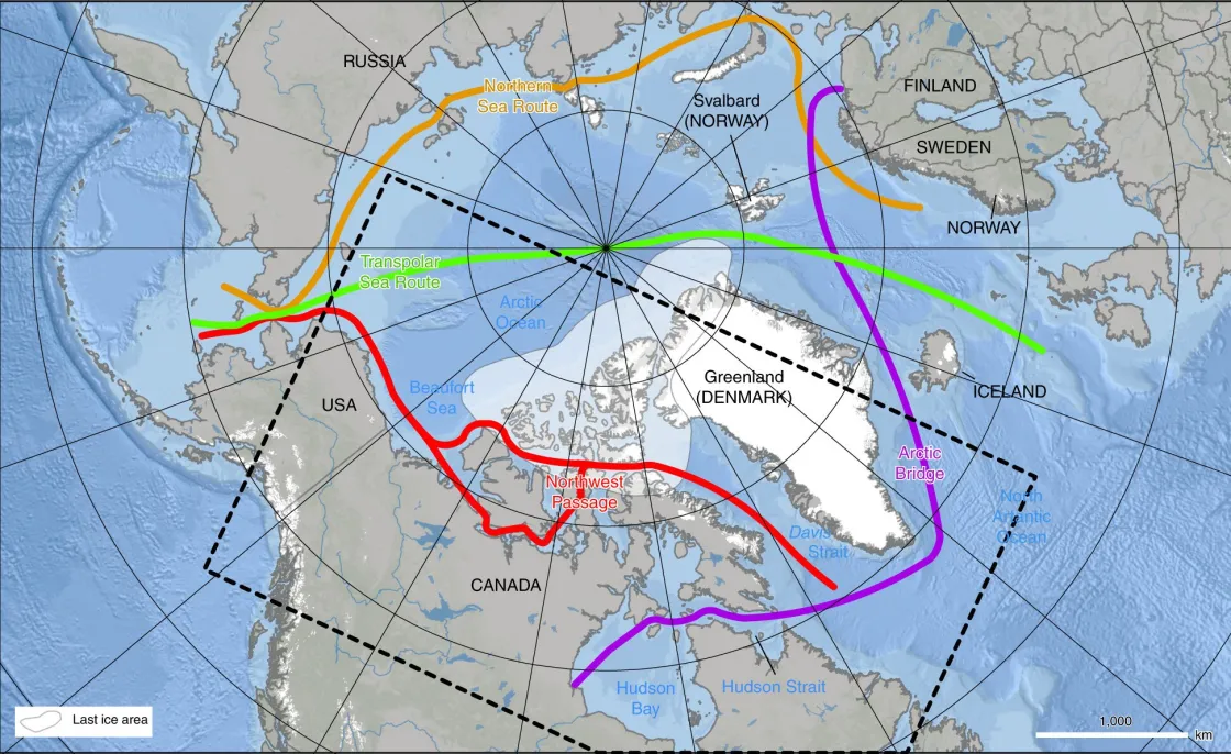 Image shows potential navigational routes through the Arctic.