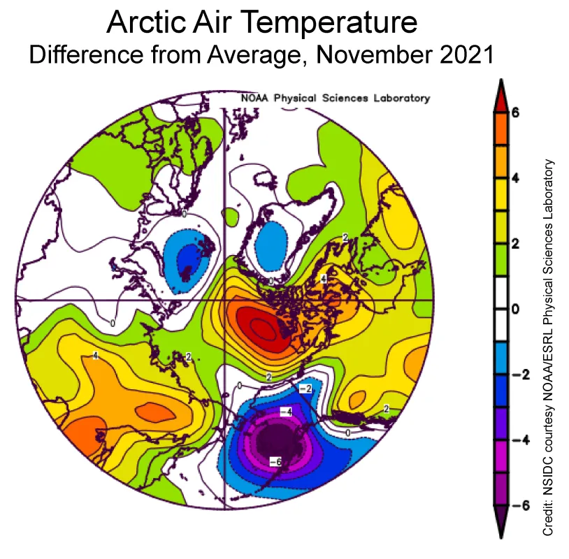 Plot shows the departure from average air temperature in the Arctic at the 925 hPa level, in degrees Celsius, for November 2021.