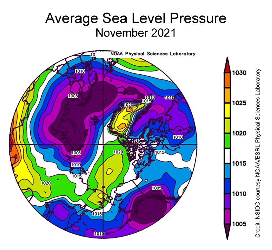 Plot shows average sea level pressure in the Arctic in millibars for November 2021.