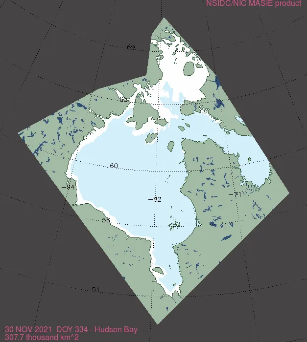 Map of Hudson Bay shows sea ice extent as of November 30, 2021.