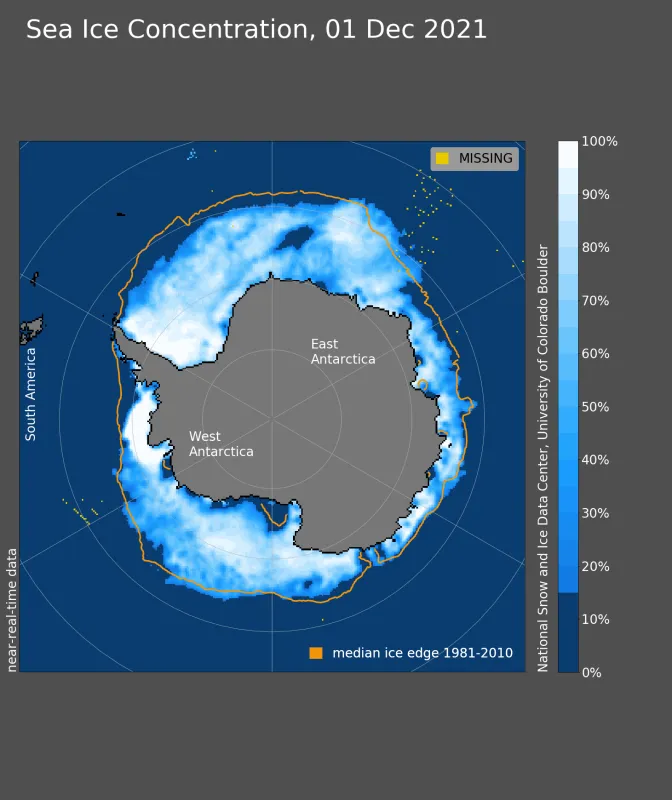 Maps shows Antarctic sea ice concentration on December 1, 2021.