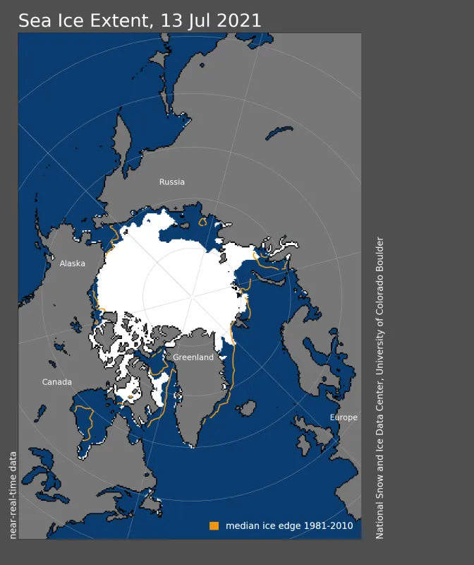 Arctic sea ice extent for July 13, 2021 was 7.95 million square kilometers (3.07 million square miles).