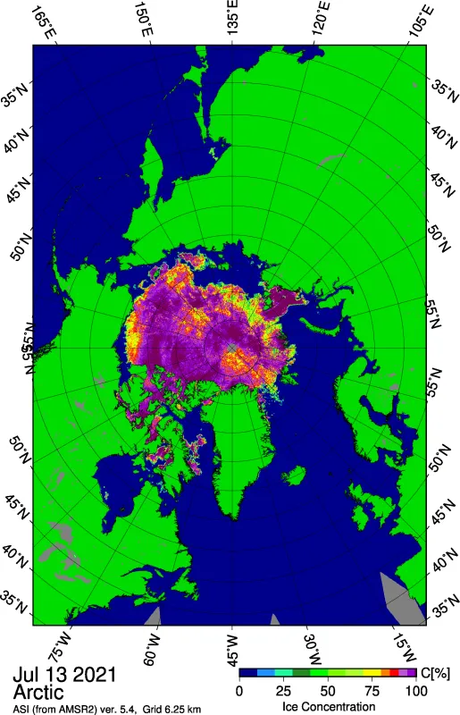 Map shows Arctic sea ice concentration based on data from the Advanced Microwave Scanning Radiometer 2 (AMSR2) data.