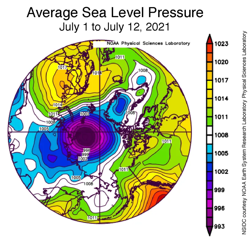 Plot shows average sea level pressure in the Arctic in millibars from July 1 to 12, 2021.