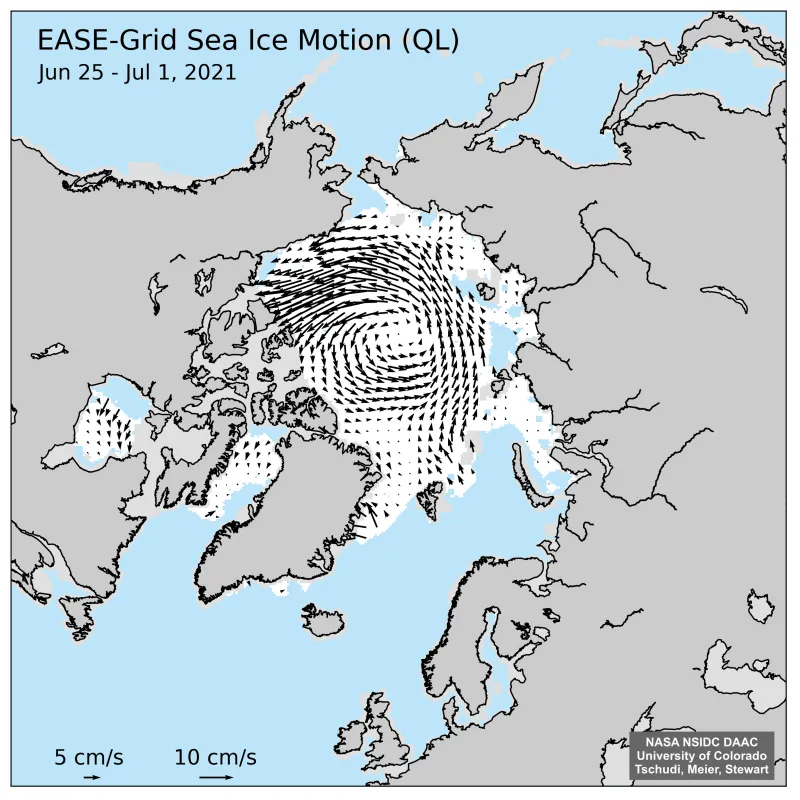 Plot shows the direction of sea ice motion for the period between June 25 and July 1, 2021.