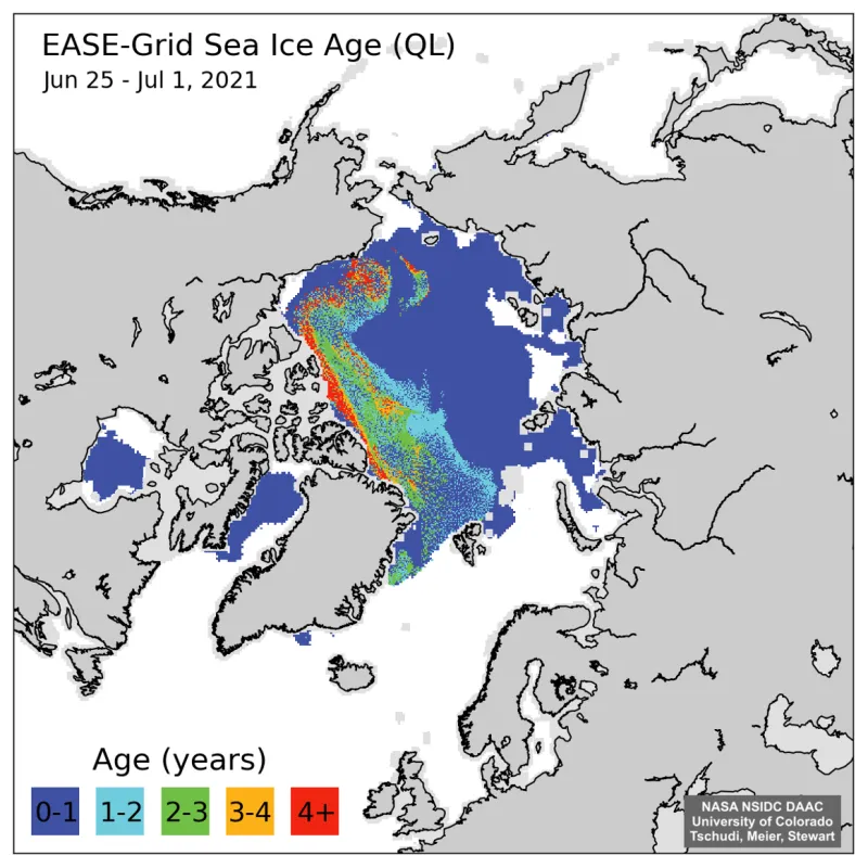 Map shows the age of Arctic sea ice for the June 25 to July 1 period.